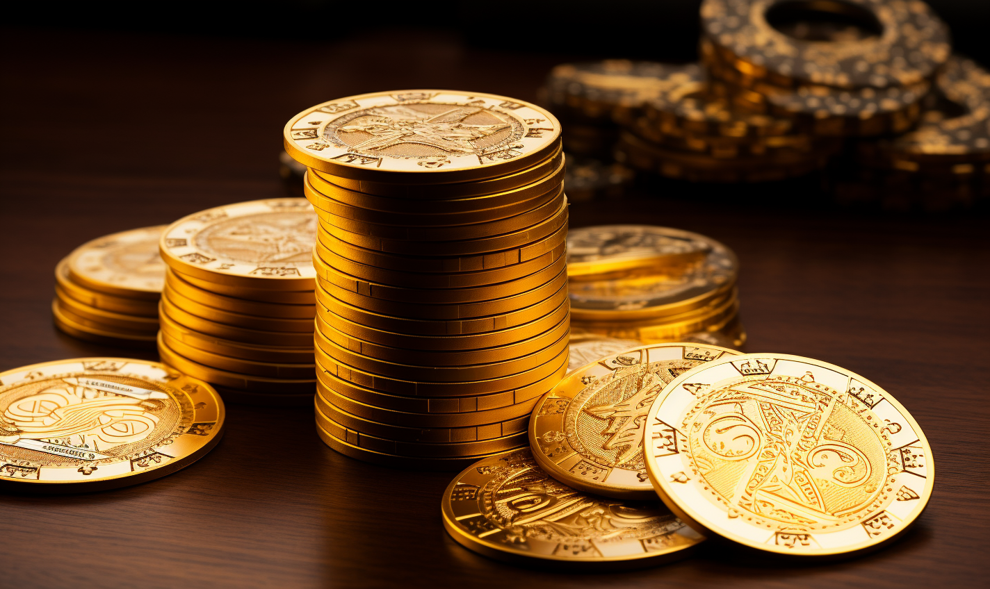 Golden poker chips on a table