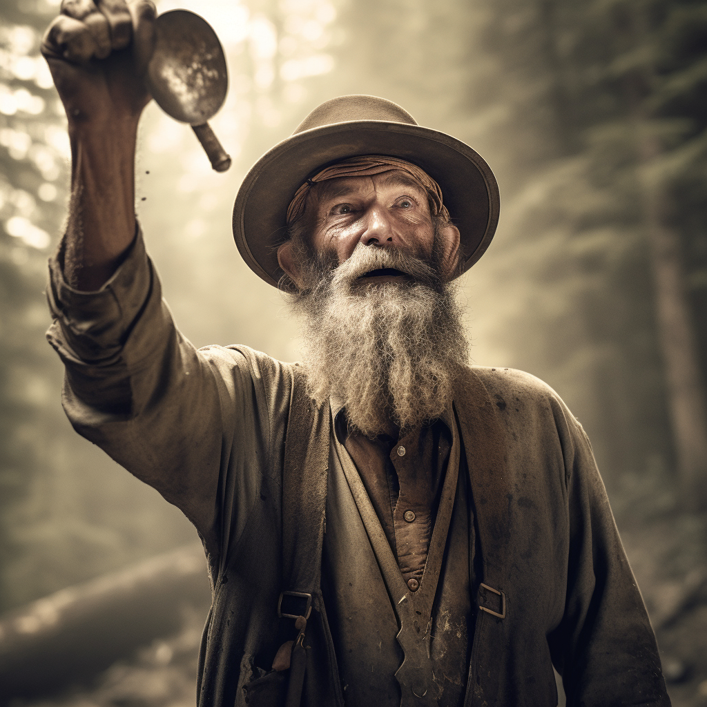 Gold prospector with raised hands and pick axe