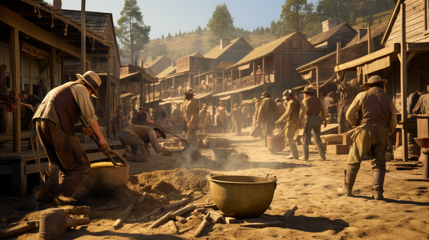 Miners panning for gold in a bustling California Gold Rush town