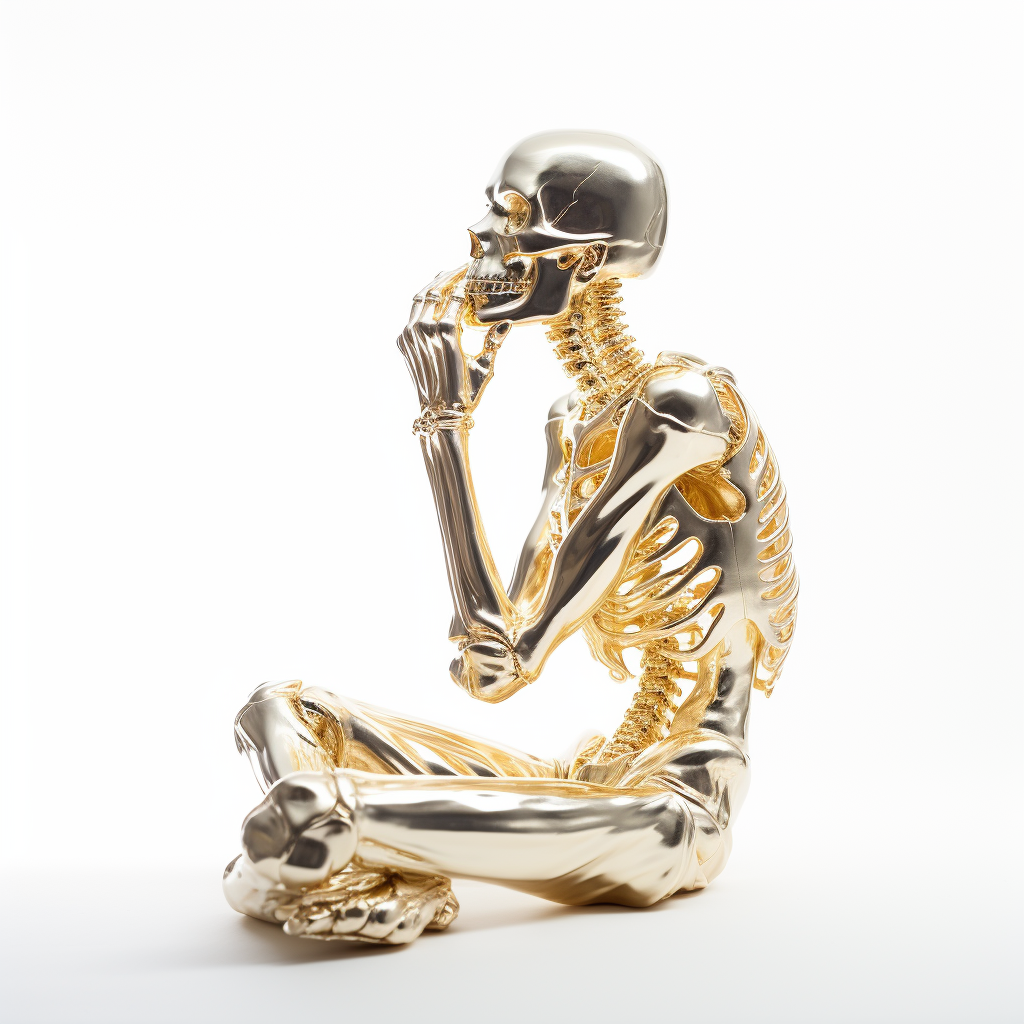 Gold skeleton asking question on white background