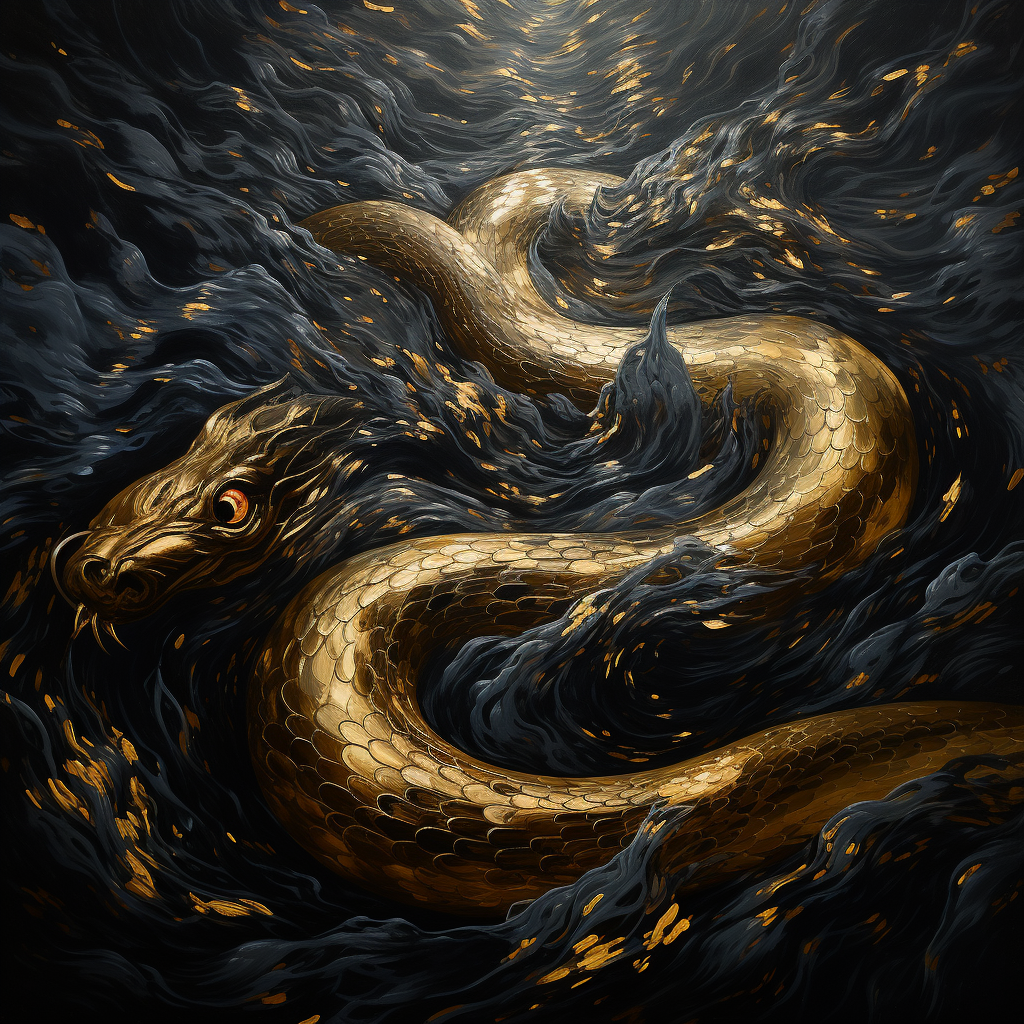 Golden snake sliding in black water