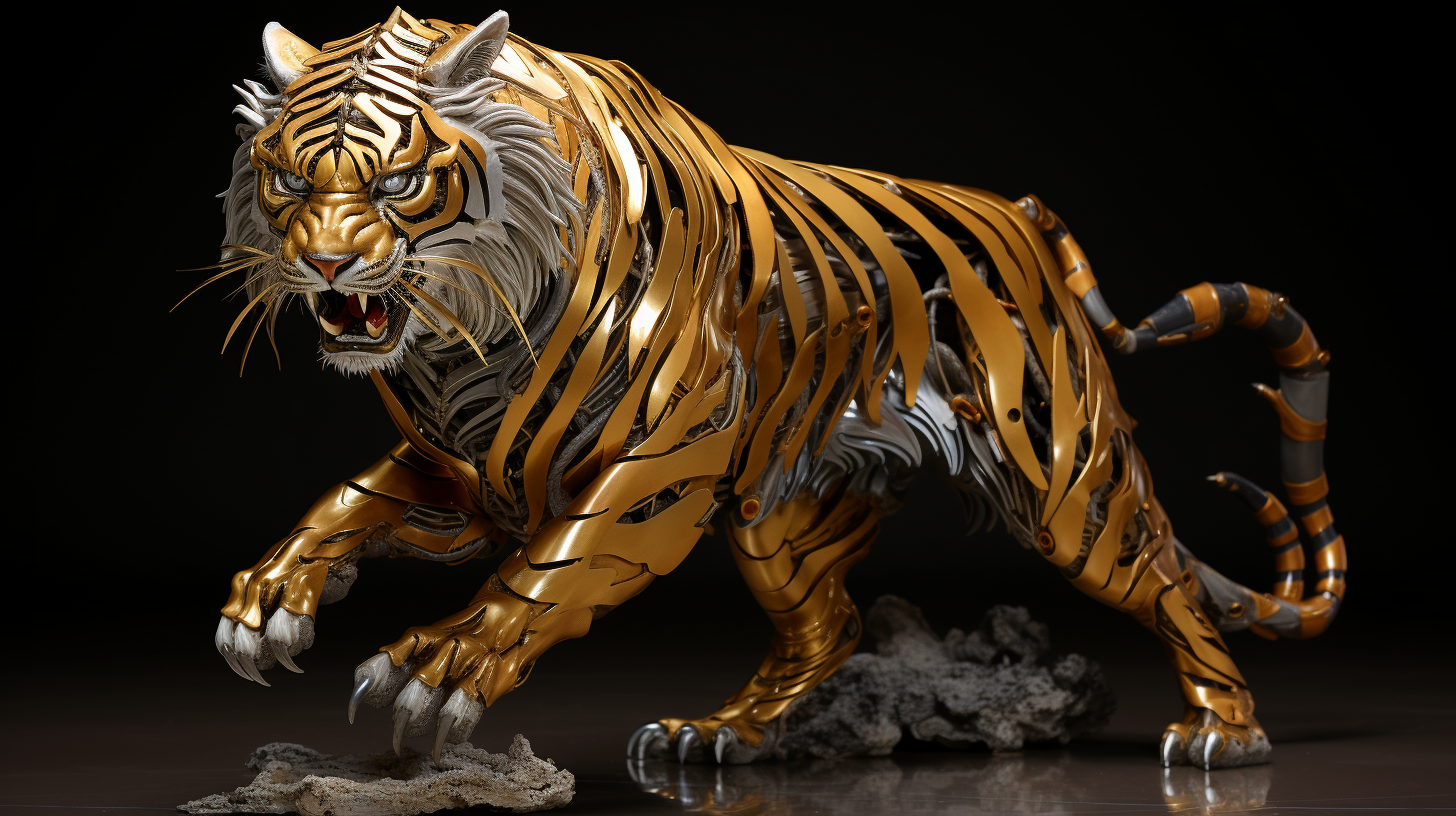 Gold Tiger Statue with Eyes Wide Open