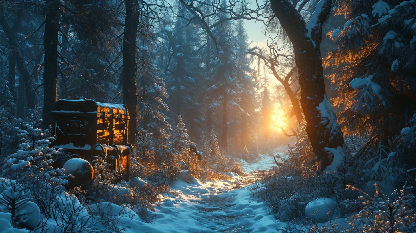 Gold treasure chests in snowy forest