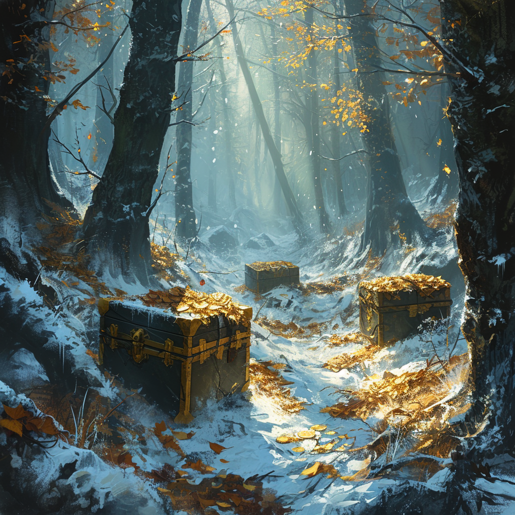 Snowy Forest with Shimmering Treasure Chests