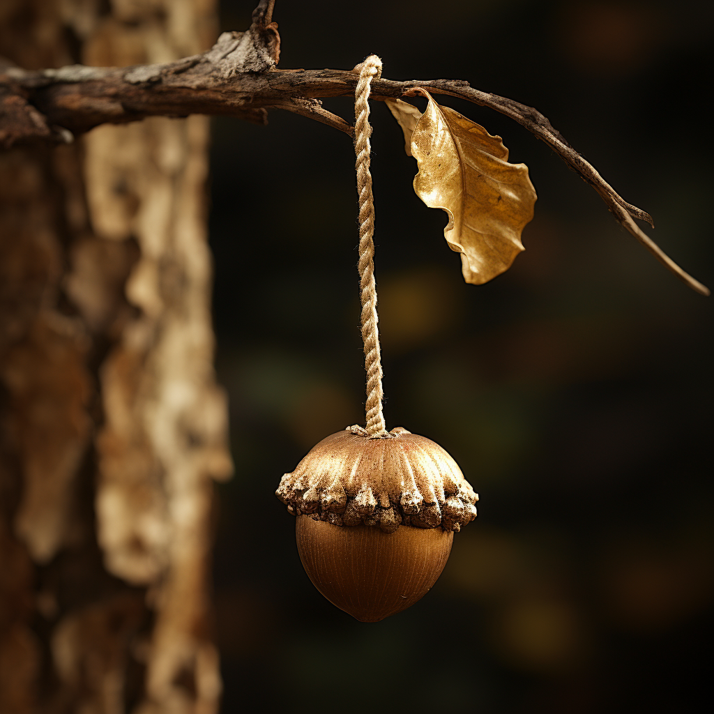 Shiny golden acorn hanging from a stick