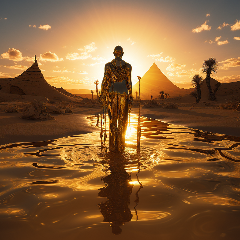 African mannequin in sparkling gold under sunset