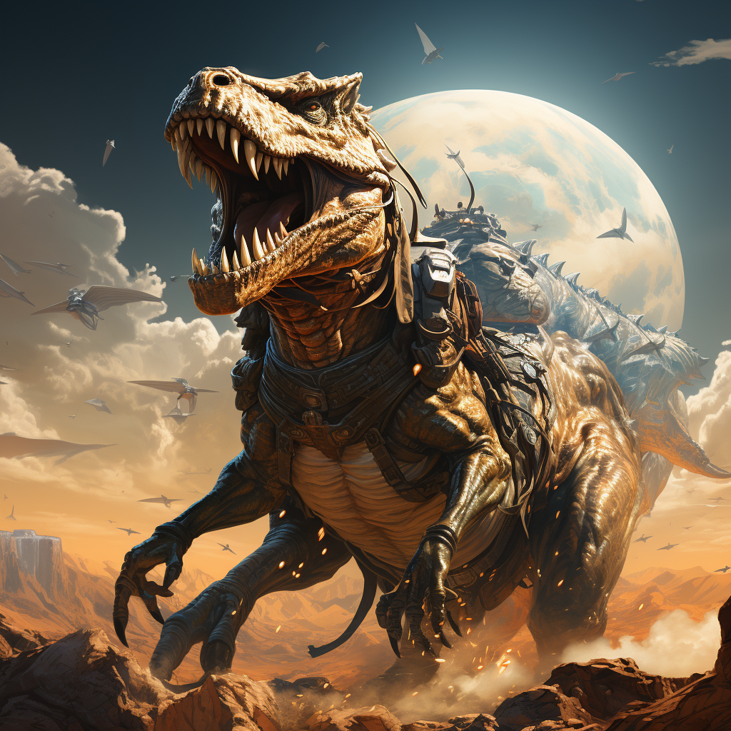 Golden Astronaut riding Trex on Barren Alien Landscape