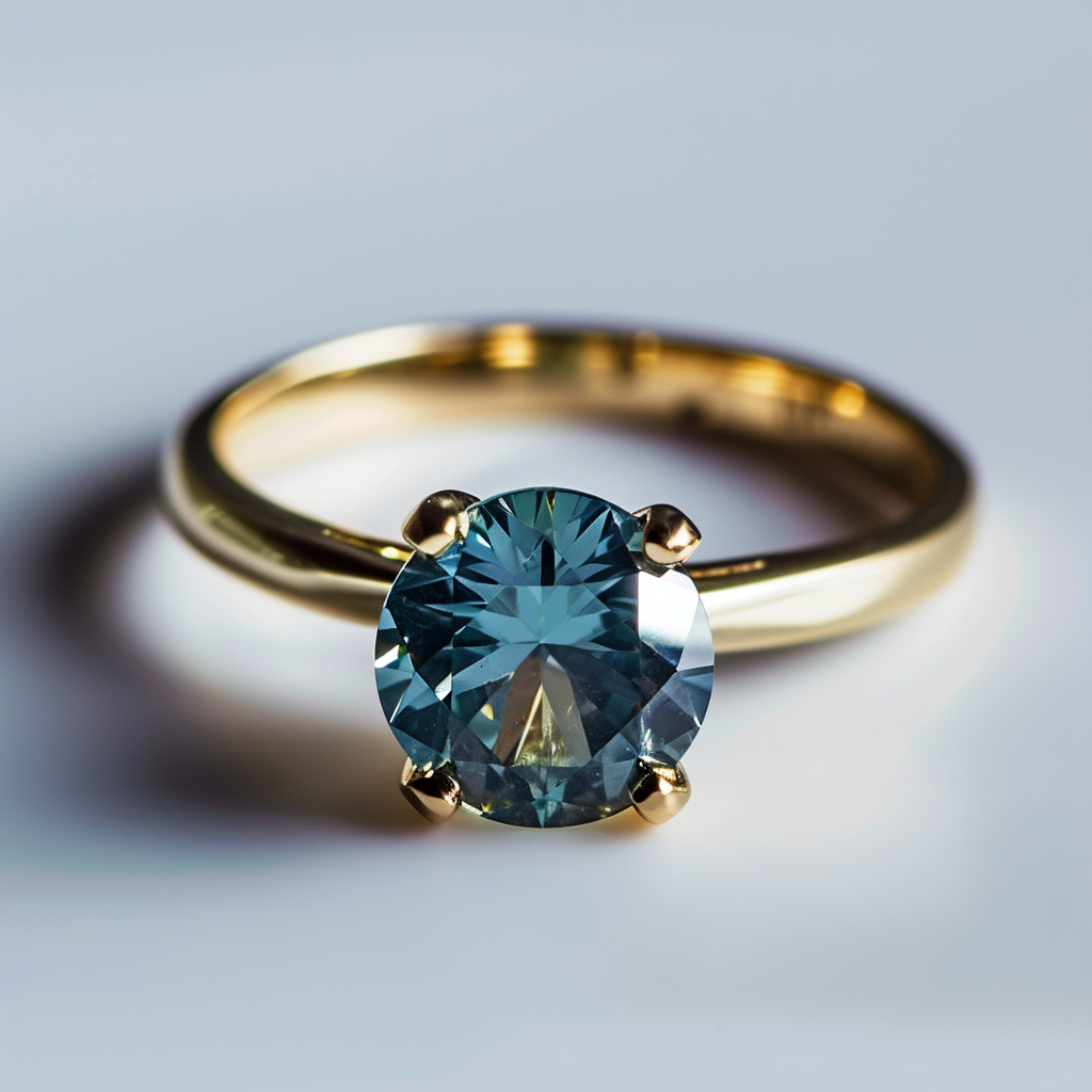 Stunning golden engagement ring with big blue diamond