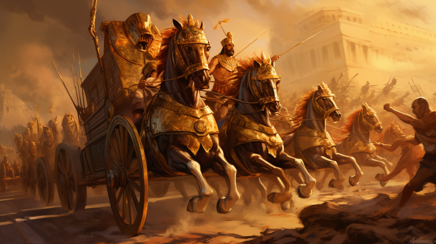 Thutmose III leading army in golden chariot on Egyptian battlefield