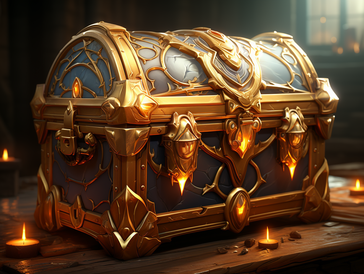 Illustration of an opened golden chest filled with treasures