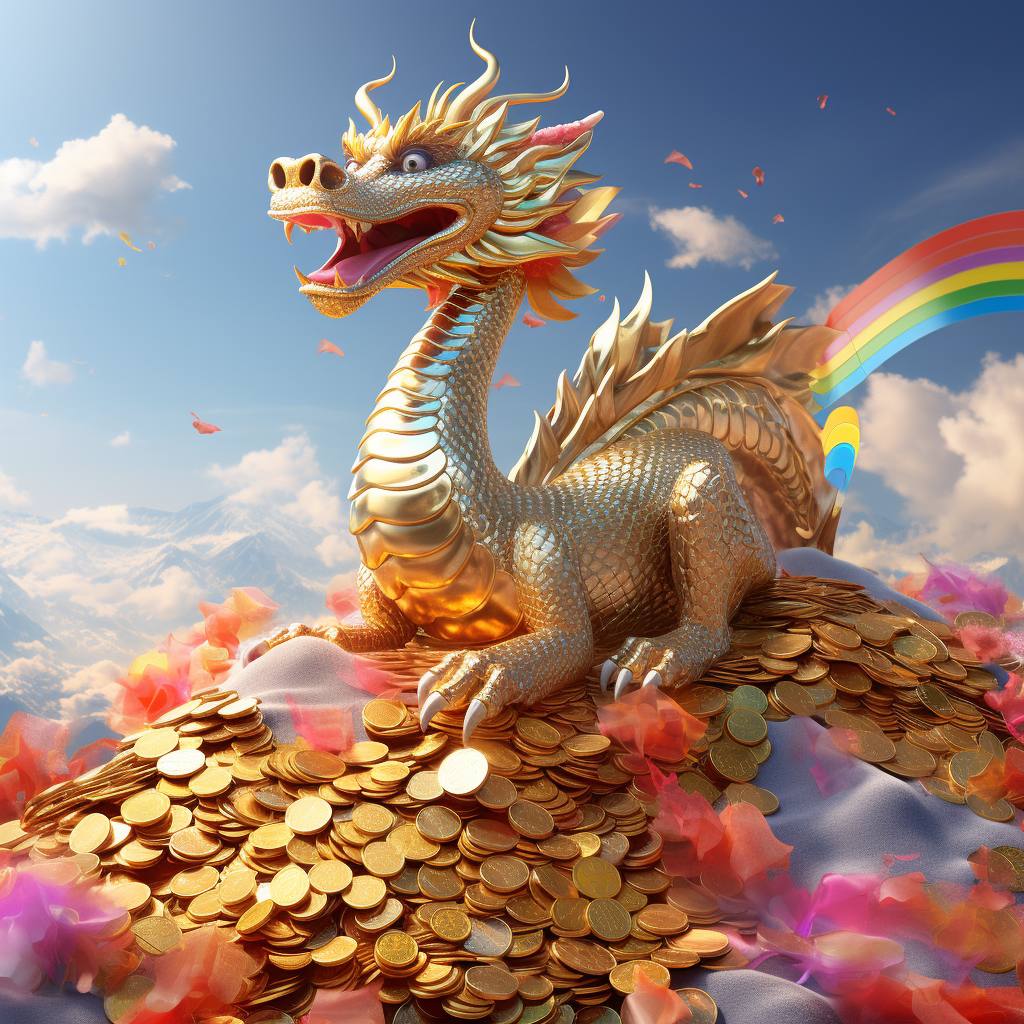 Detailed image of a majestic golden Chinese dragon resting on a mountain