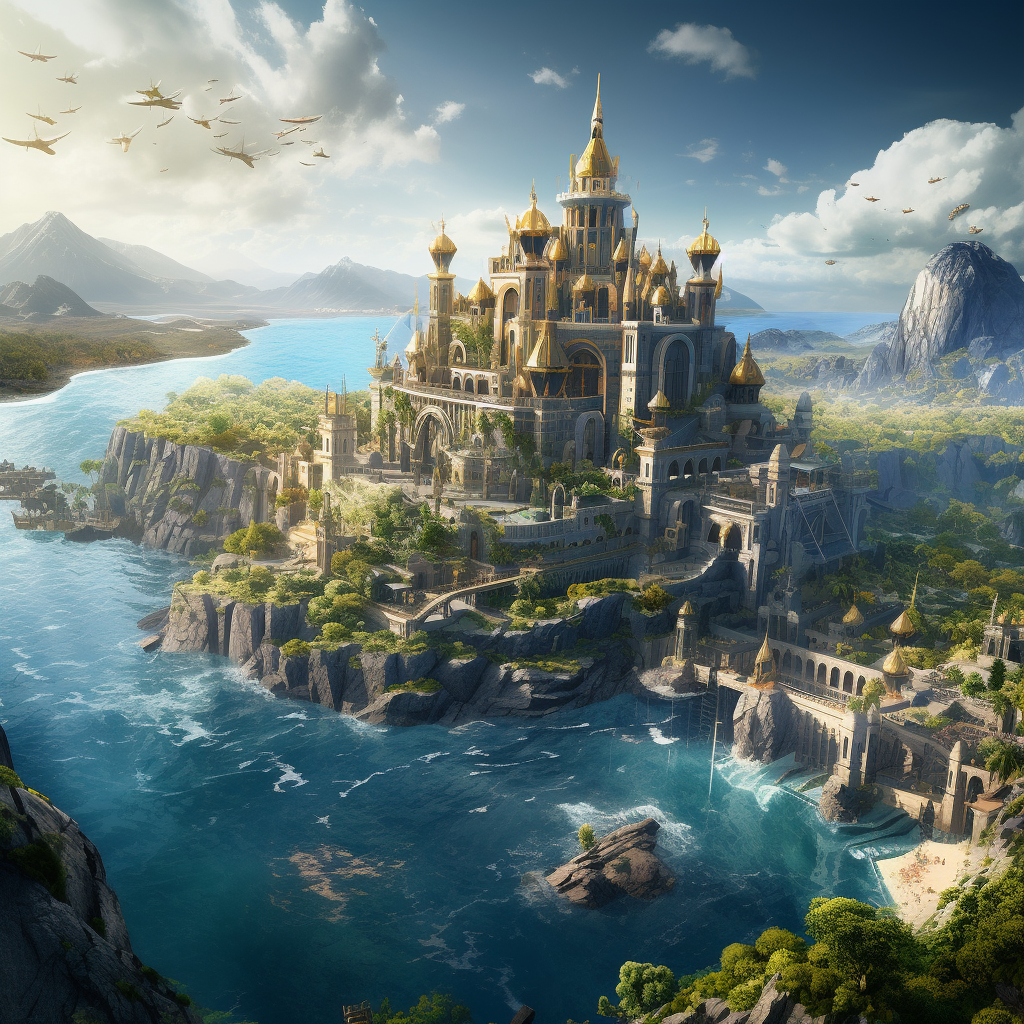 Golden city island mountain palace ocean