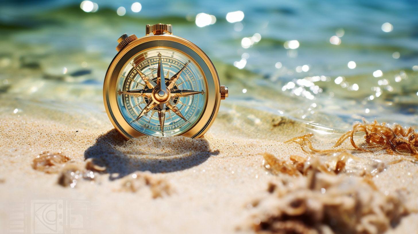 Golden compass on white sand water