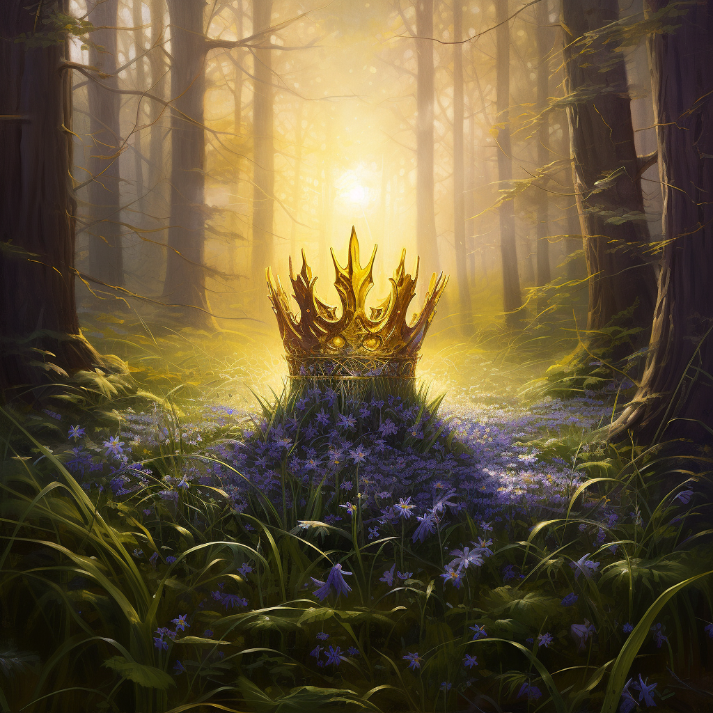 Beautiful golden crown in bluebell forest