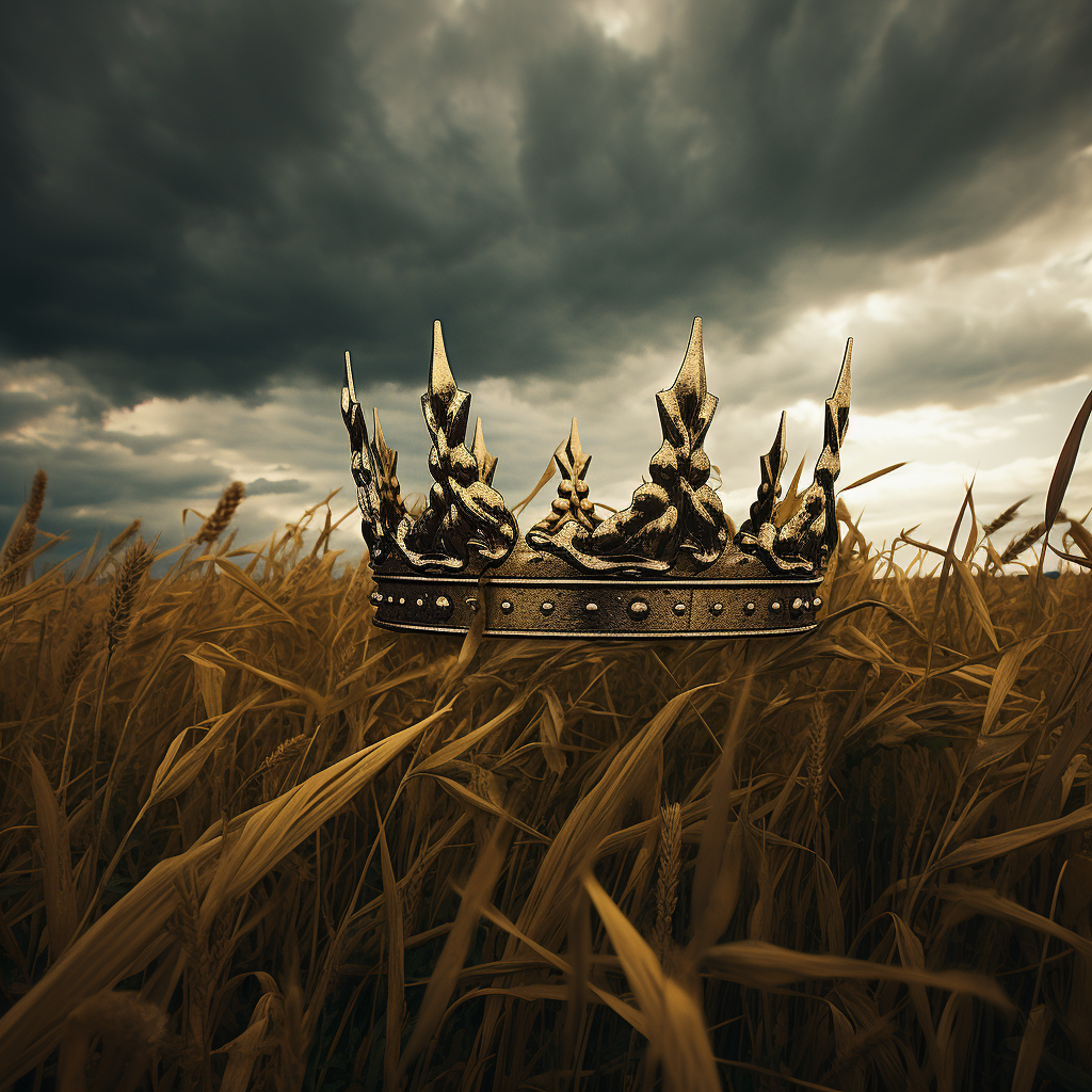 Golden crown in field during thunderstorm