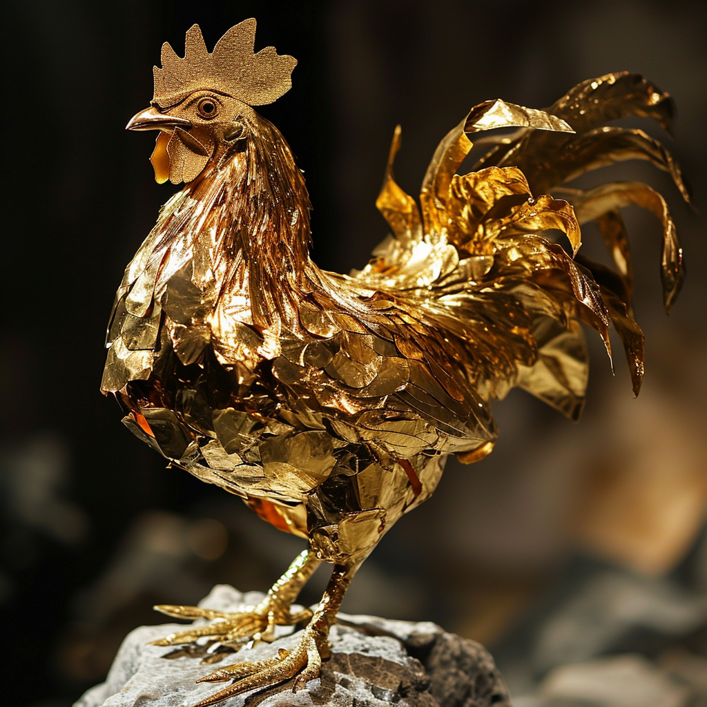 intricate golden chicken sculpture