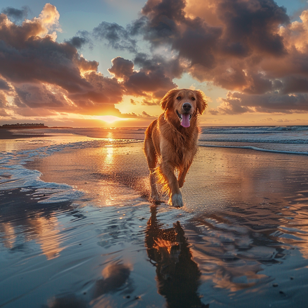 Golden dog running on beach