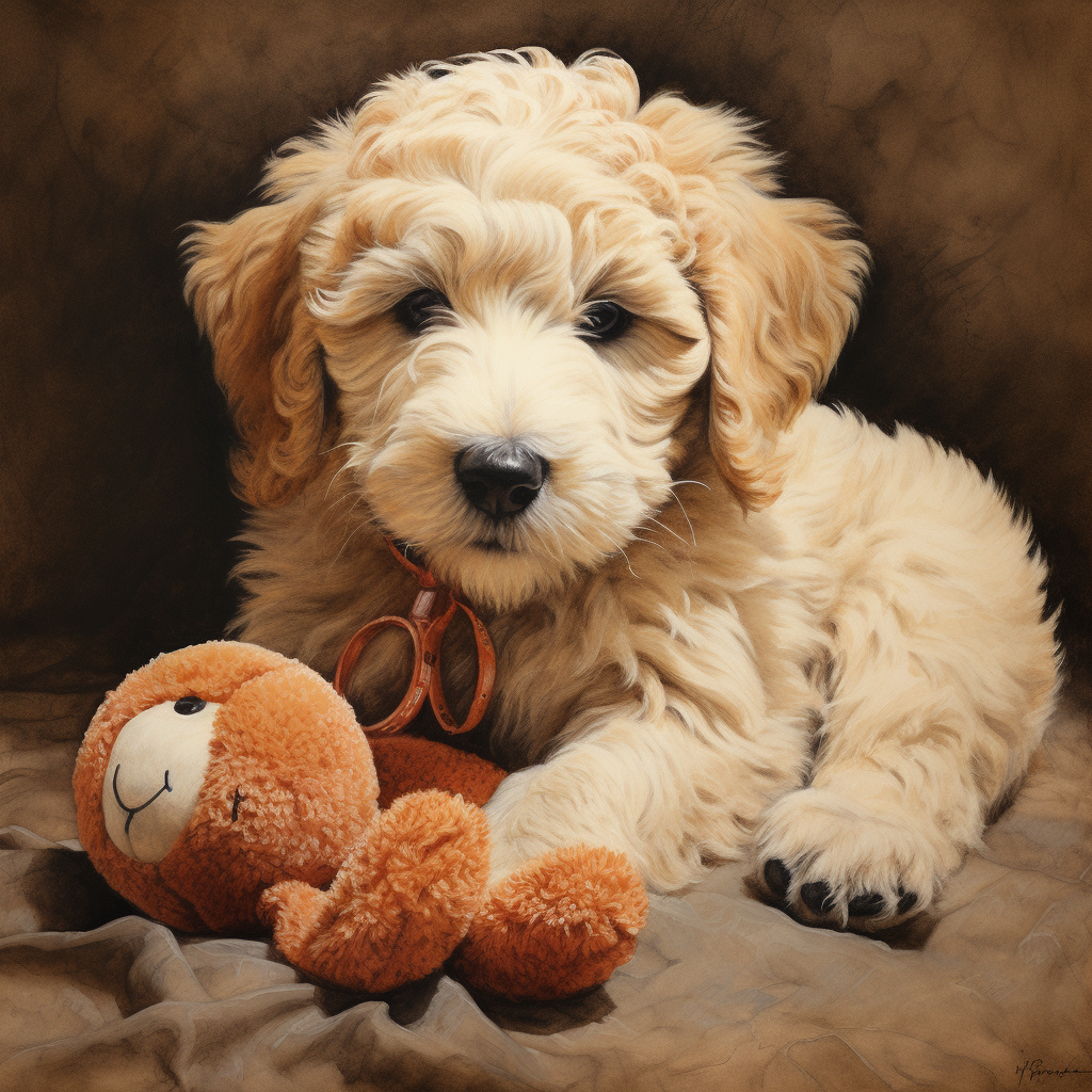 Playful golden doodle with lamb toy