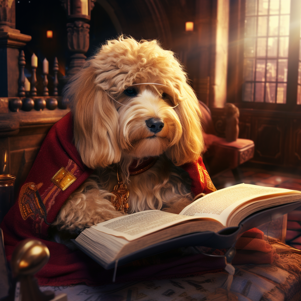 Adorable Golden Doodle Reading Book in Gryffindor House