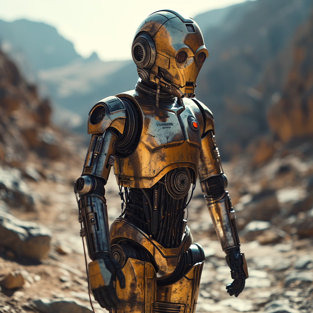 Golden droid walking in desert