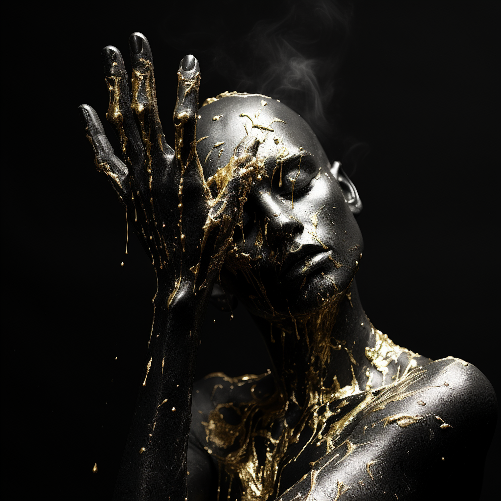 Black and white sculpture hand with golden dust