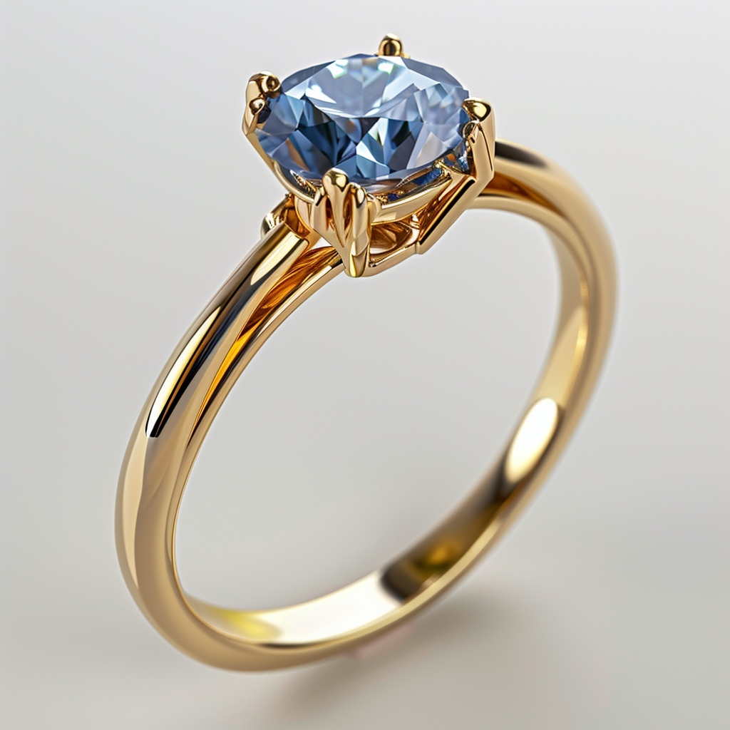 Golden engagement ring with blue diamond on light grey background