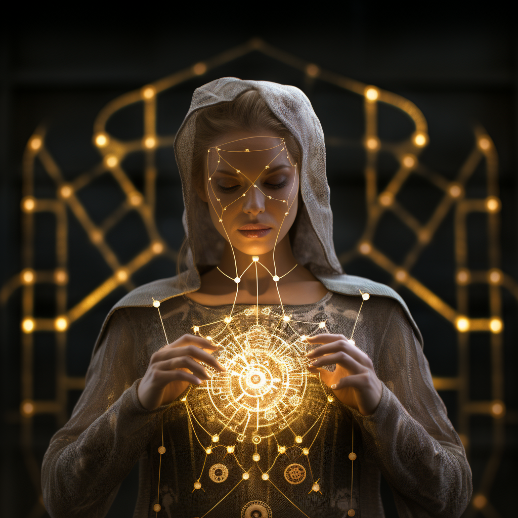 Golden Female Futuristic Doctor with Runic Embroideries