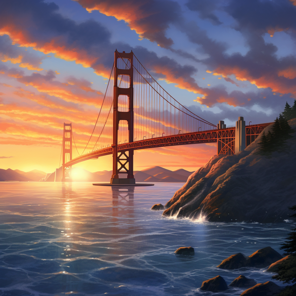 Hyperrealistic painting of Golden Gate Bridge at sunset