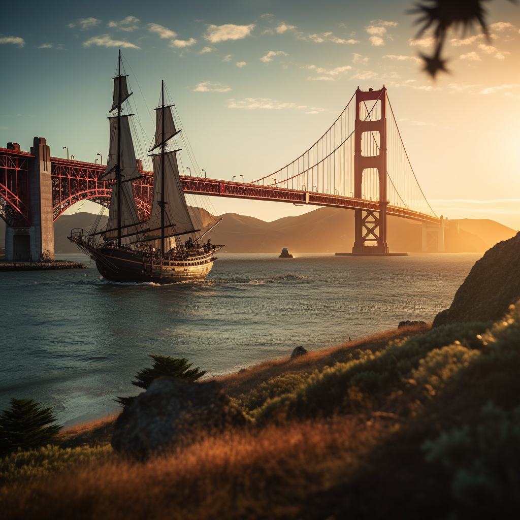 Golden Gate Bridge at sunset with pirate ship