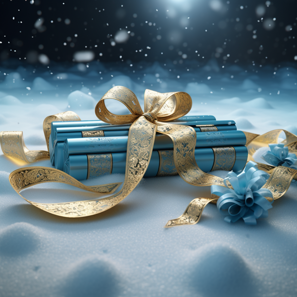 Golden gift tapes on snow with blue cyan shades