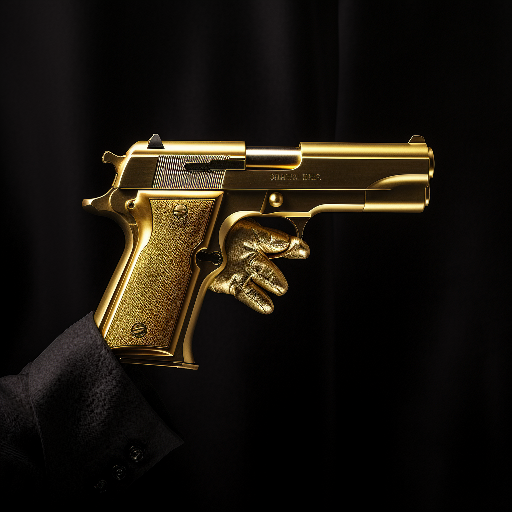 Realistic golden hand holding gold gun