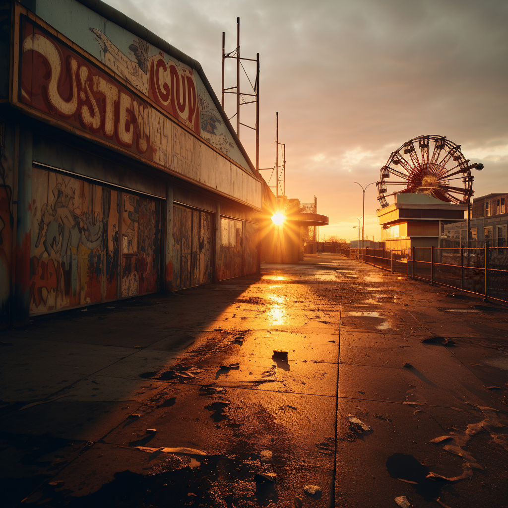 Eerie golden hour scene at Coney Island