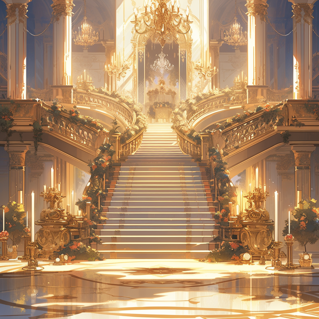 Beautiful golden interior with boxes, stairs, and decorations