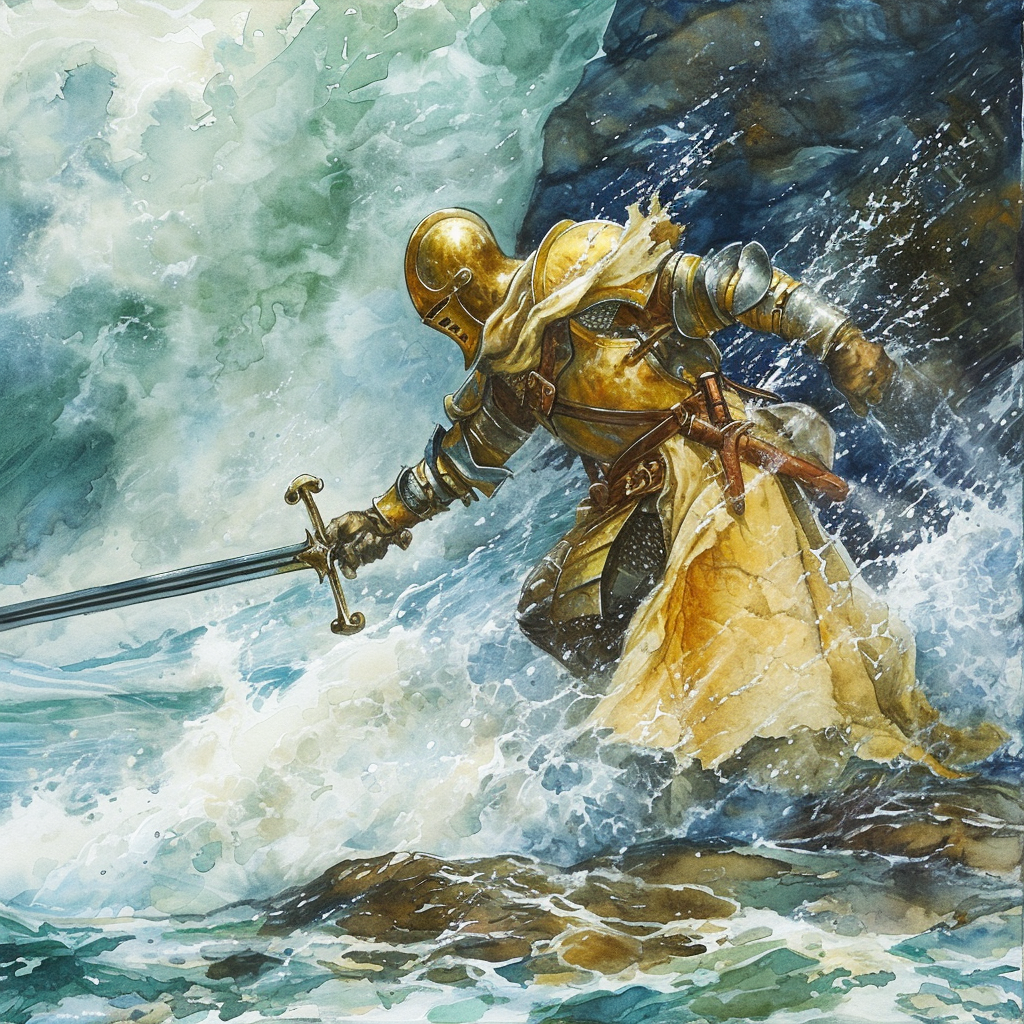 Golden knight doll swept away by river rapids