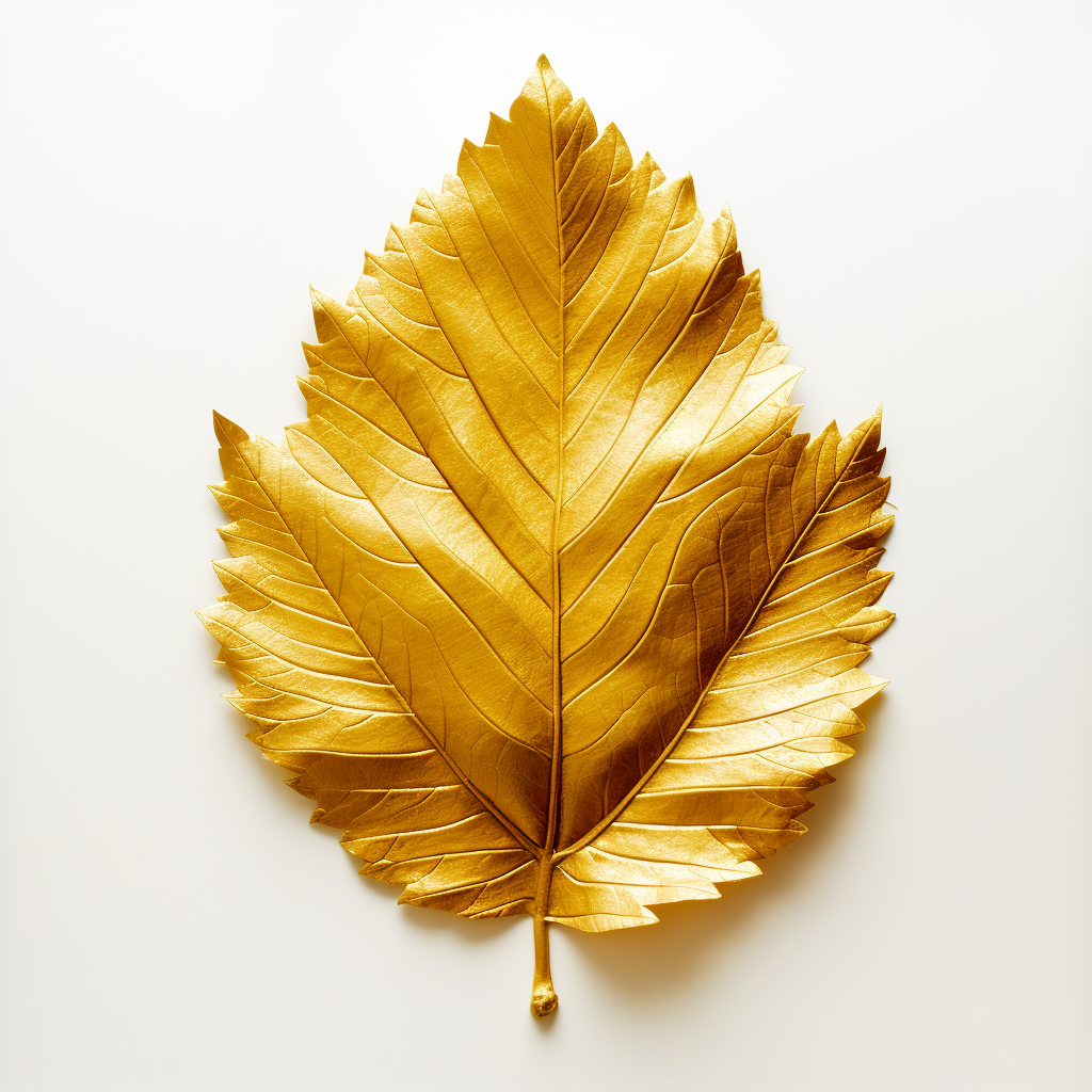 Metallic, vertical golden leaf on white background