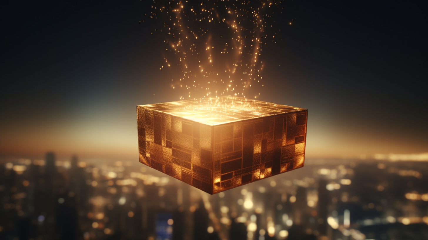 Golden box emitting radiant light at night