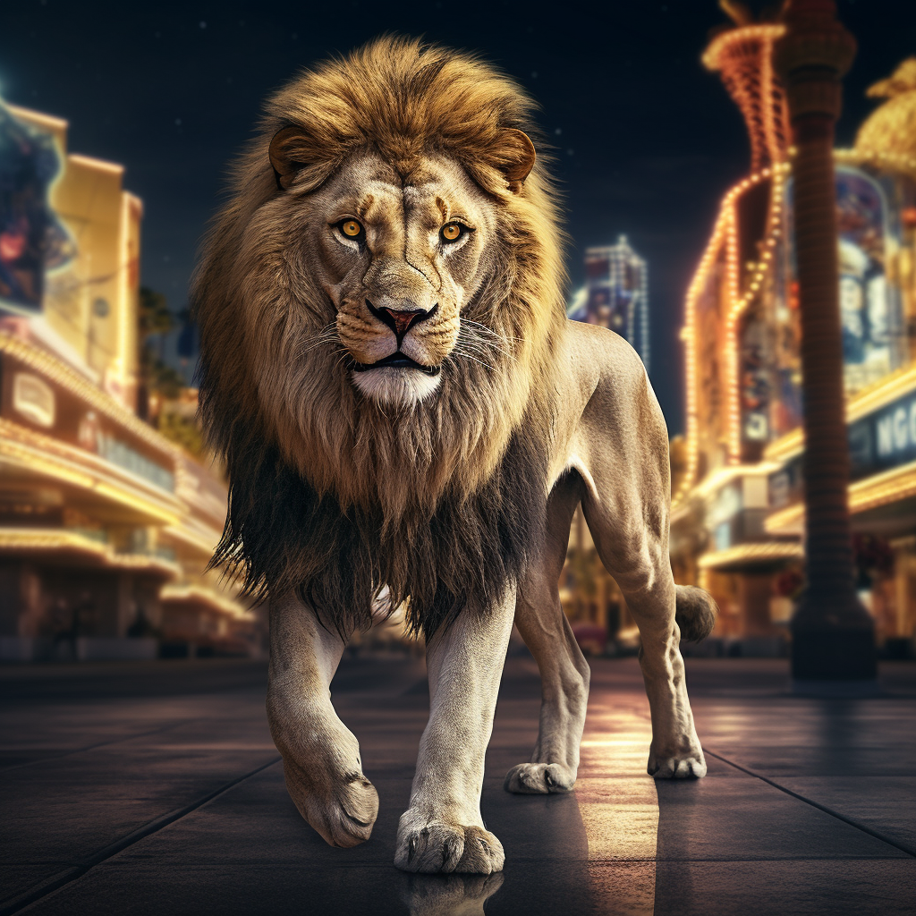 Golden lion walking through Las Vegas at night