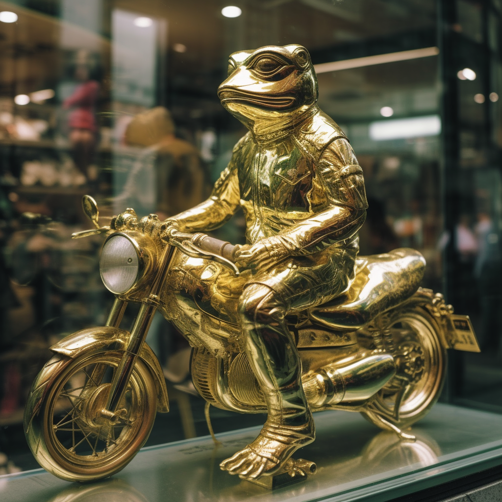 Golden man riding frog window display