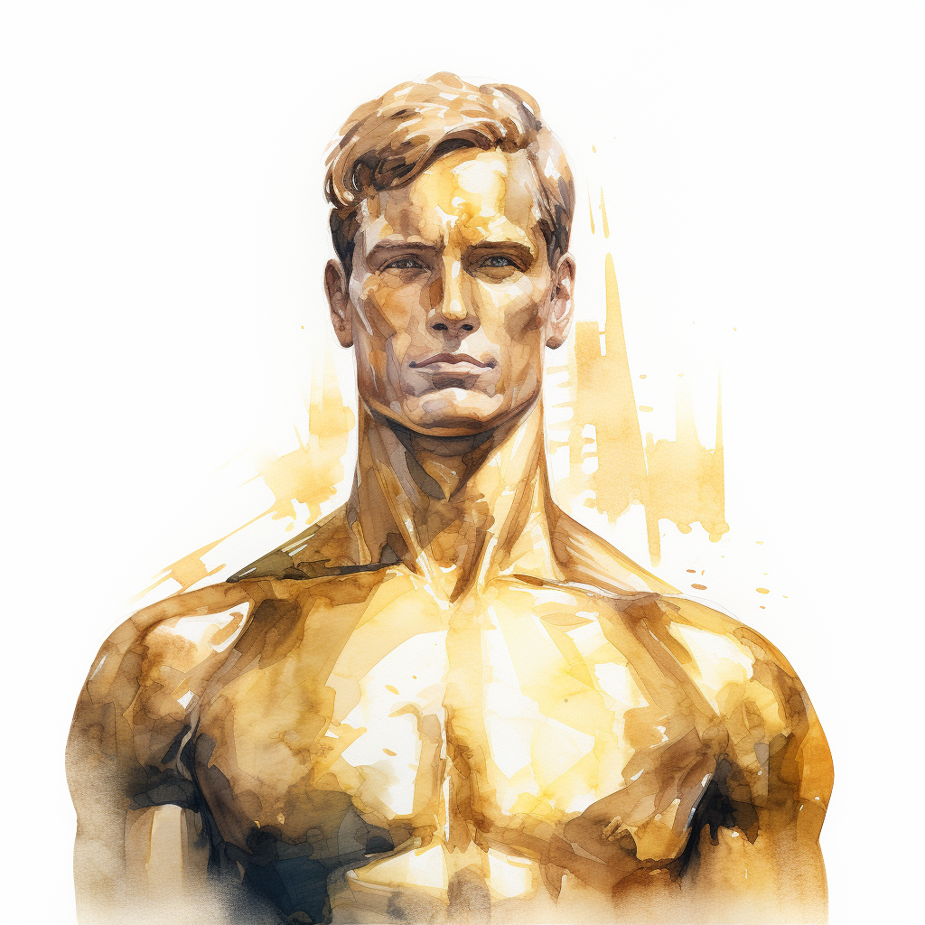 Golden man statue in watercolour illustration style