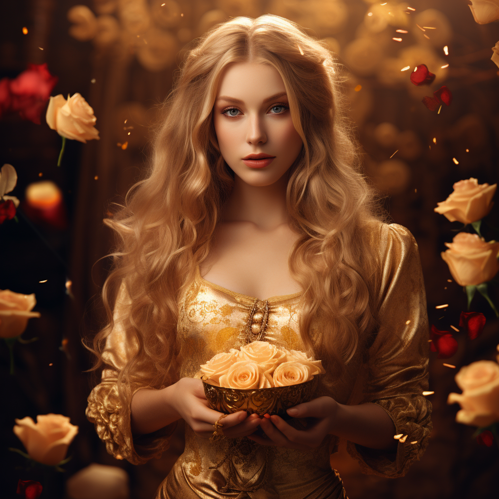 Golden Norse Witch with Hair, Roses, Chocolates