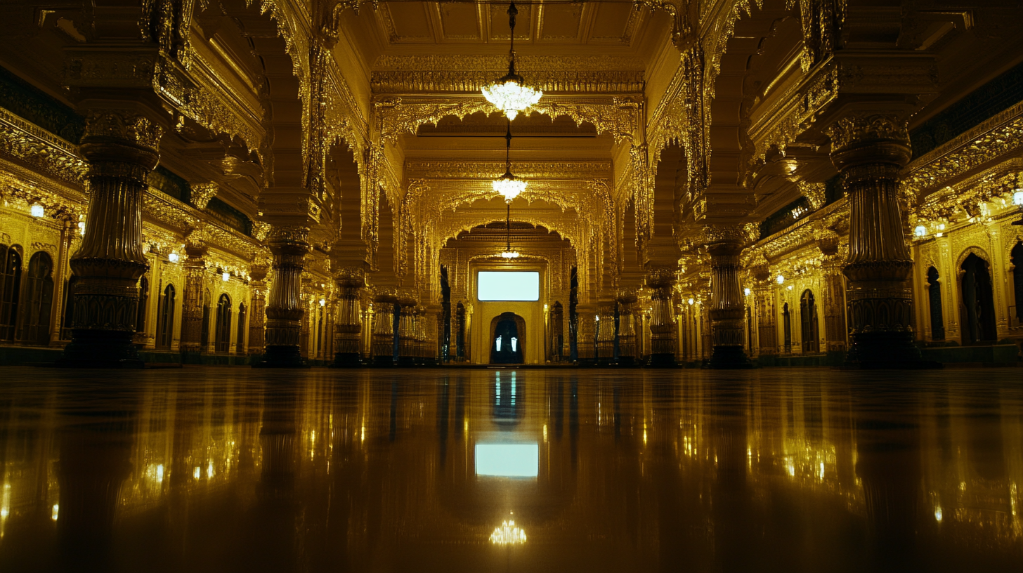 golden palace interior with rectangle mirror at night