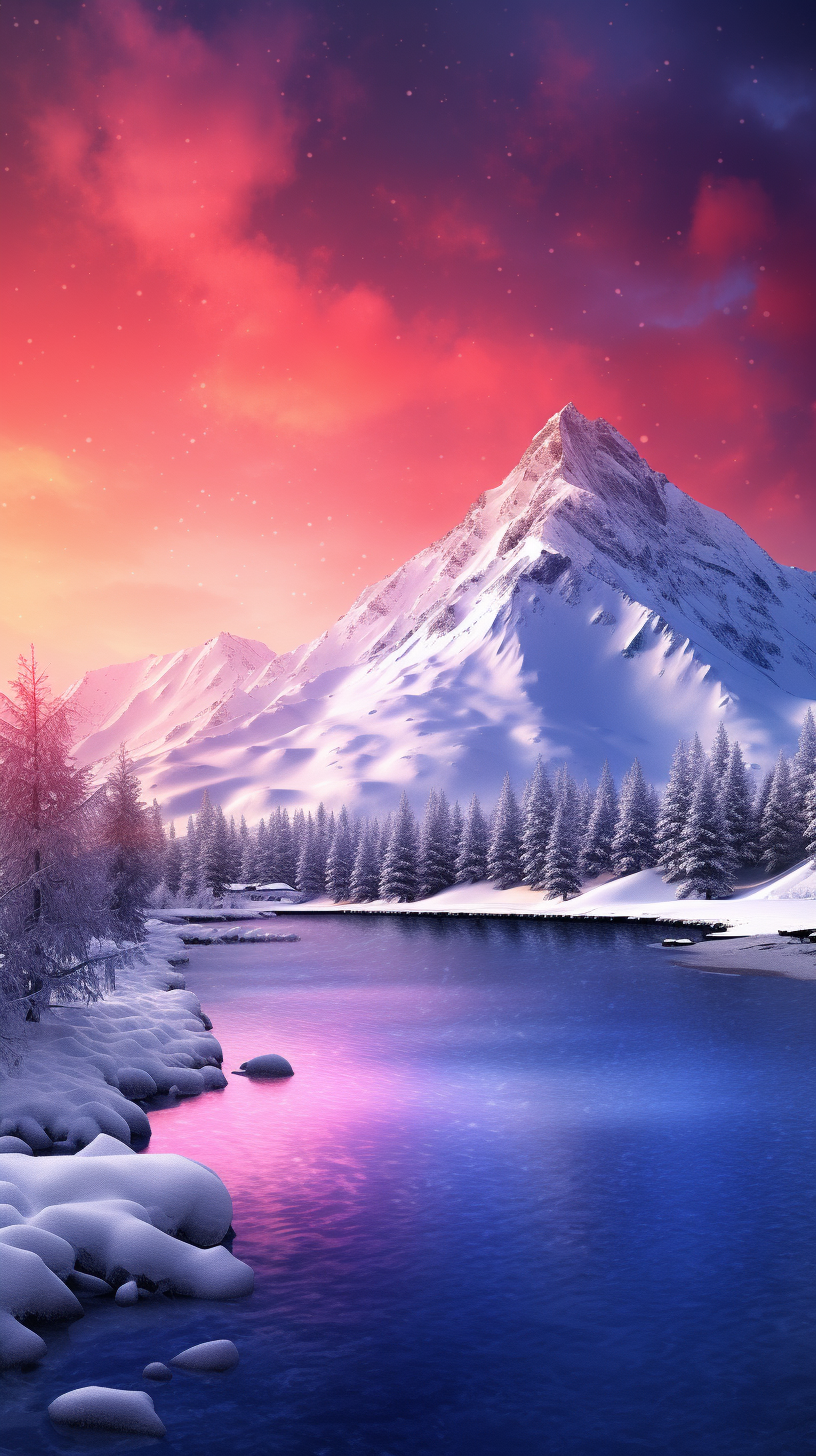 Pink aurora in white snow mountains