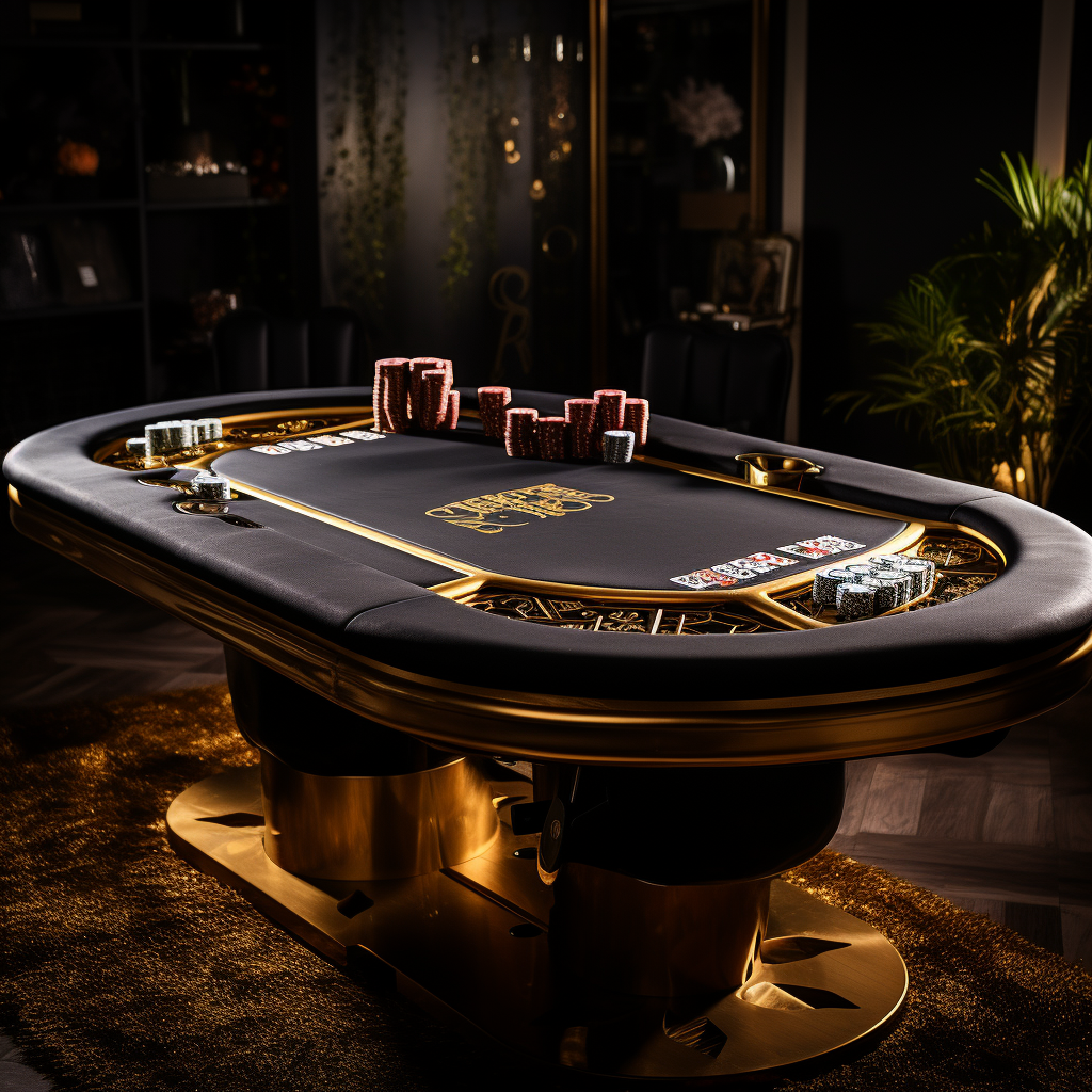 Golden poker table with black cards and chips