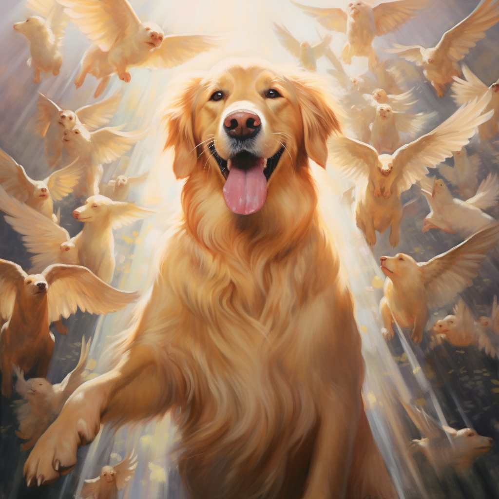 Golden Retriever in Heaven with Angels and Energy