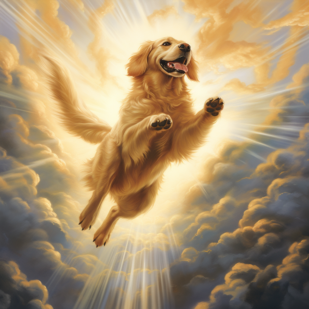 Playful golden retriever in heavenly setting