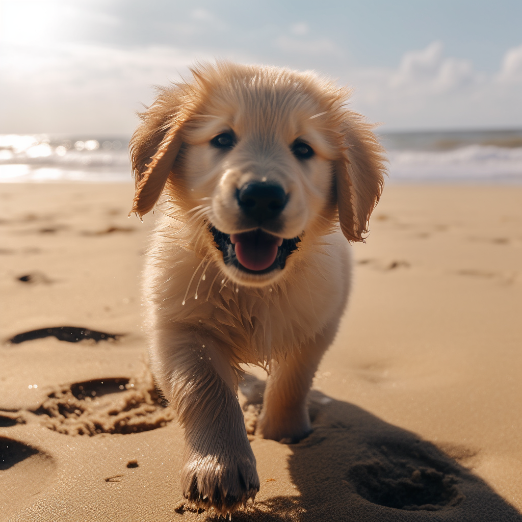 Energetic golden retriever puppy playing at the beach