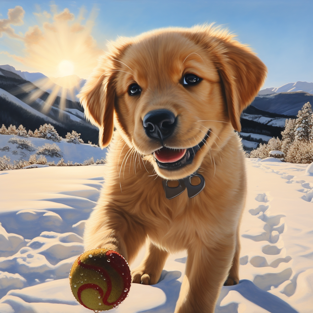 Golden Retriever Puppy playing with tennis ball in snow