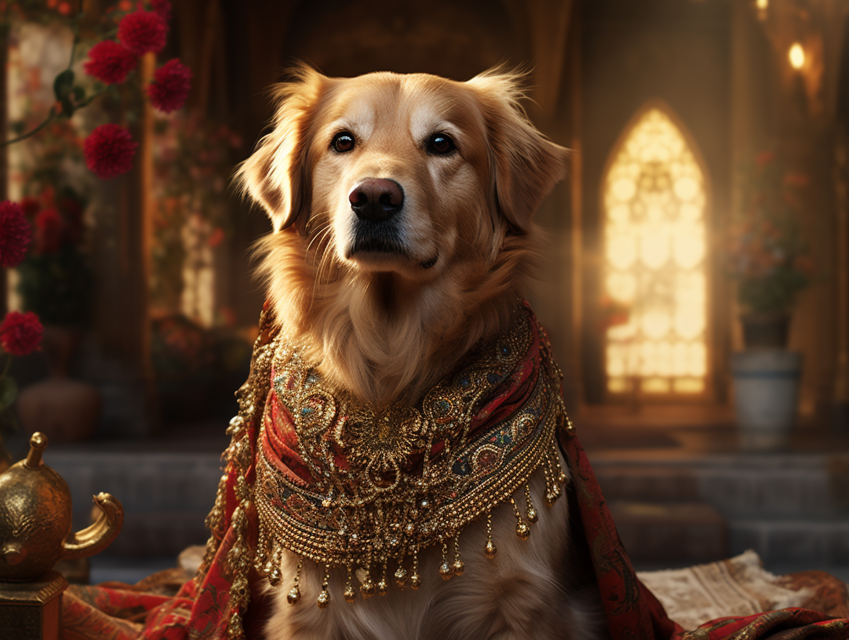 Golden Retriever at Sophia Hagia in Traditional Turkey Clothing