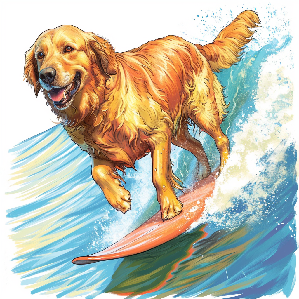 Golden Retriever Surfing in Colored Pencil Style