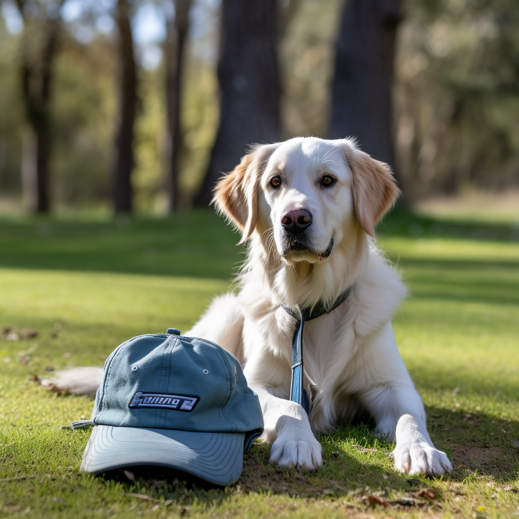 Excited Golden Retriever Wearing White Sneakers & Cap